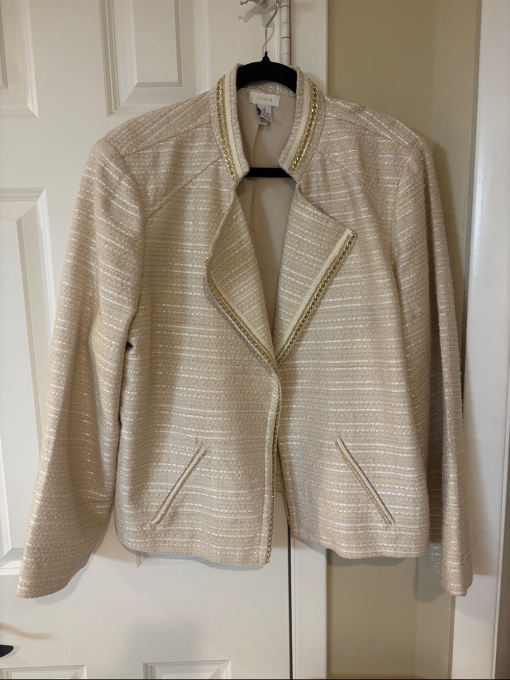 Chico's Beige-Cream Bouclé Open Front Jacket with Metallic Trim